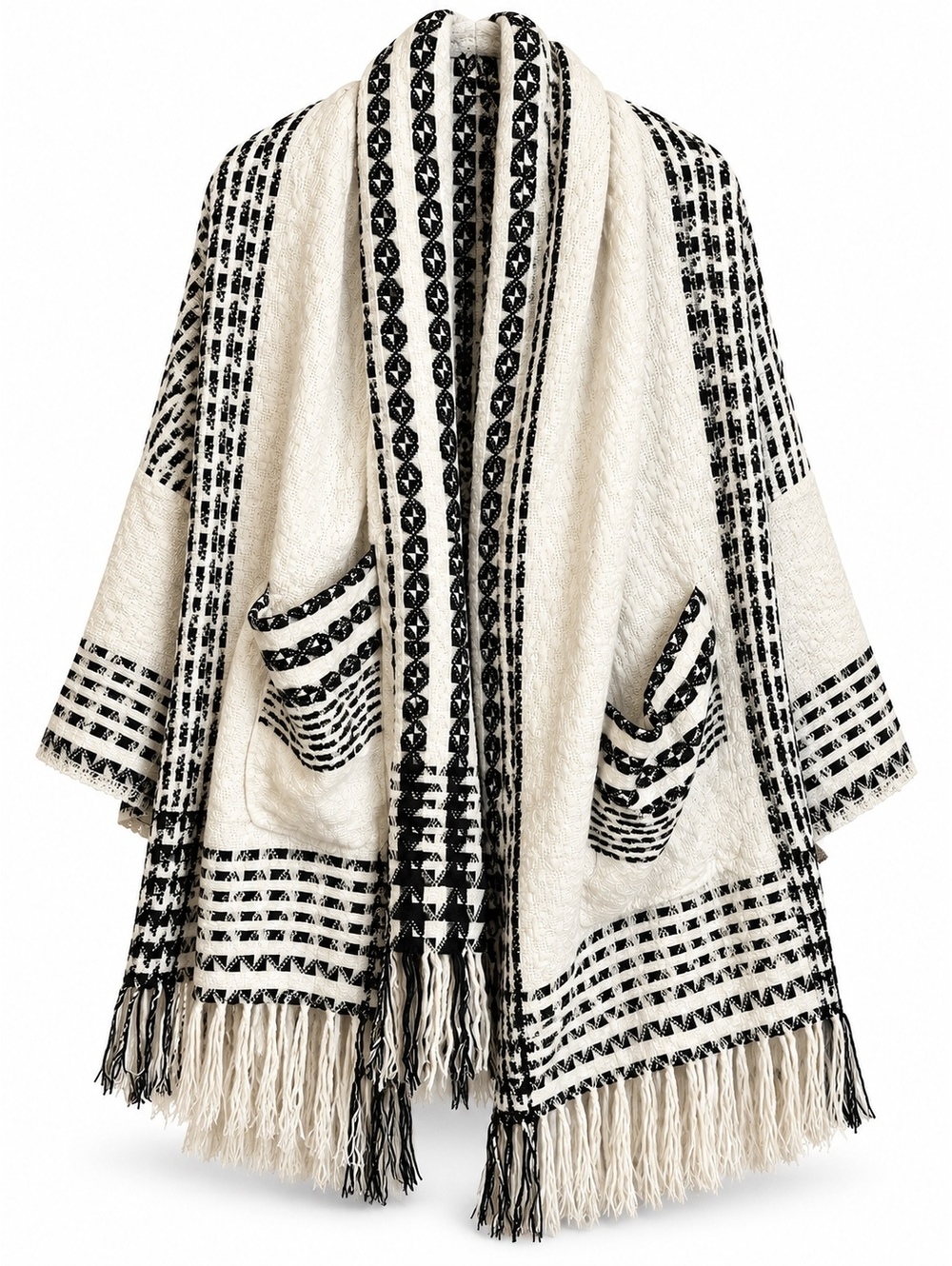 NWOT Geometric Fringe Ruana in White & Black